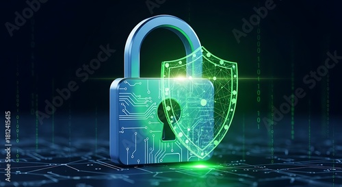Digital security concept featuring a glowing green holographic shield protecting a metallic padlock against a dark background with circuit board elements, symbolizing data protection and cybersecurity