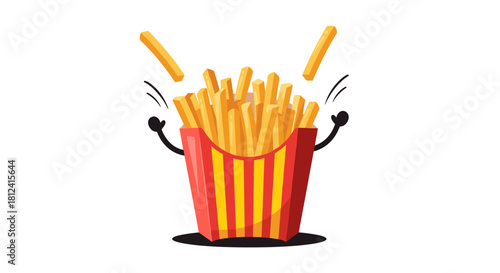Cartoon french fries character throwing fries up in the air with excitement and joy.