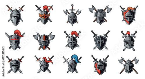 Collection of medieval knight helmets and shields with crossed swords and axes.