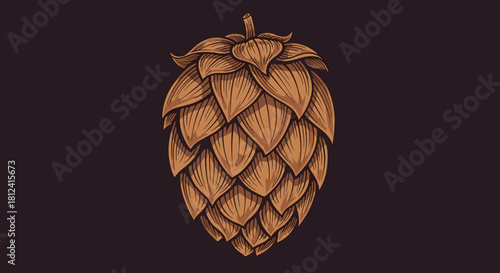 Illustration of a stylized golden hop cone on a dark background.