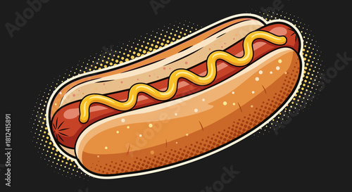 A stylized illustration of a hot dog with bright yellow mustard on a black background with halftone dots.