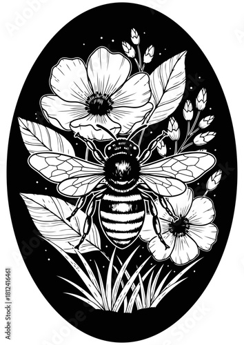 bee flower vector illustrator or silhouette black and write