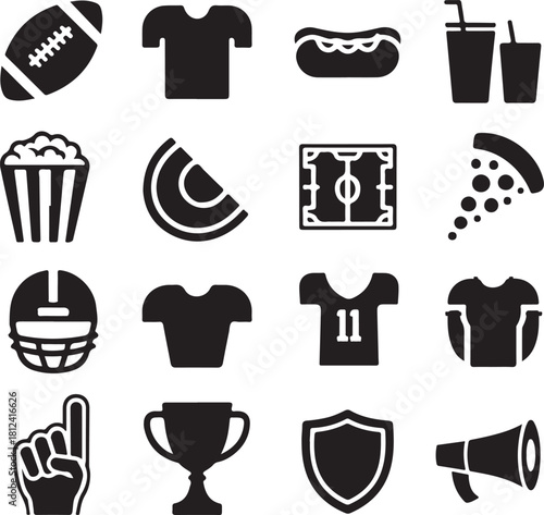 American football game day icons food drinks and sports equipment