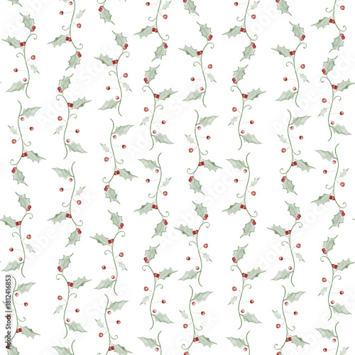 Watercolor Seamless Pattern Background with holly sprigs. Cozy winter design. Hand painted element for invitation, social media and posters.