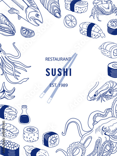 Banner template with sushi and seafood illustration. Hand-drawn sushi rolls with rice, octopus, squid, shrimp, mussels, and salmon. Background image of Asian food in retro style. Vector illustration.