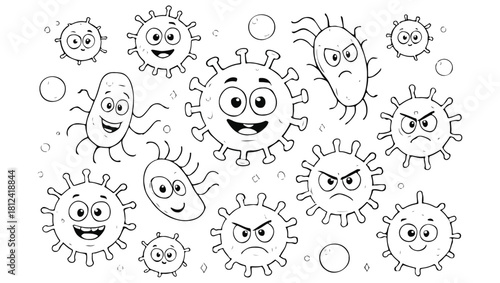 Cute Cartoon Microorganism Characters, cartoon germs, cute microbes, animated bacteria, friendly viruses, colorful pathogens, funny microorganism characters, googly eyes germs, playful png, 
