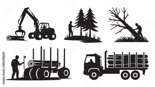 Set of logging industry vector icons forestry and timber harvesting equipment isolated black silhouette illustration on white background