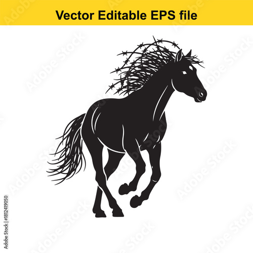 Silhouette of a powerful running wild horse with mane and tail tangled with barbed wire, isolated on