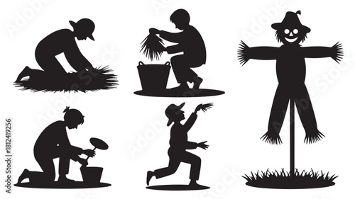 Silhouette illustrations of a child making a scarecrow vector design elements for autumn and harvest themes isolated on white background