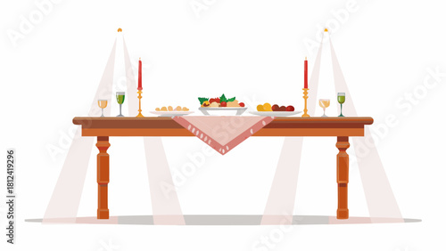 A dining table set with plates of food, candles, and glasses under soft lighting for a festive occasion