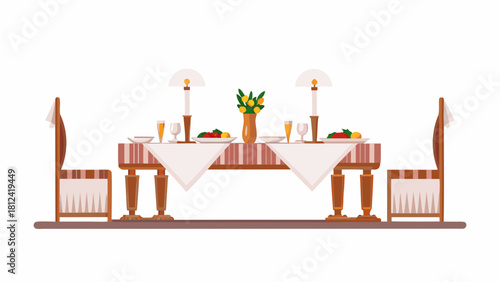 A dining table set for two with chairs lamps food and flowers in a vase creating a formal setting