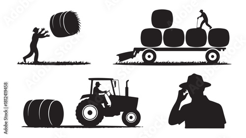Silhouetted farmer icons showing agricultural activities including loading hay bales driving a tractor and using a mobile phone vector illustration isolated on white