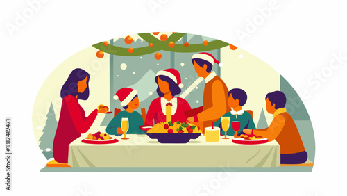 Family christmas dinner with santa hats and festive decorations around the table setting scene