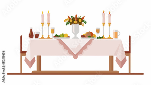 A thanksgiving table setting with candles, food, and drinks arranged on a tablecloth surface