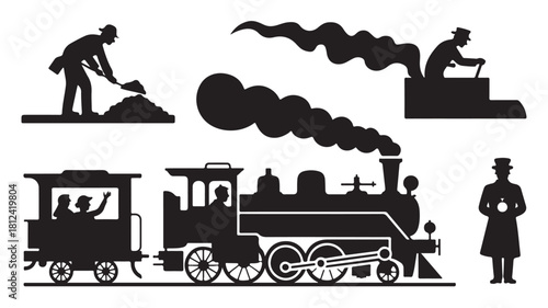 Steam train silhouette vector set featuring engineer stoker and passengers for vintage transportation and historical illustrations