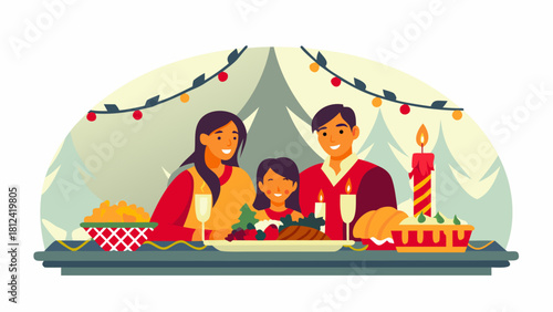 A family celebrates christmas dinner with candles and lights in a festive atmosphere scene setting