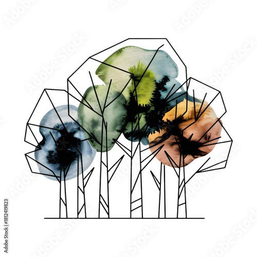 Abstract Geometric Forest Outlines with Watercolor Abstract, geometric, forest, tree, line art, vector, outline, watercolor, painting, artistic, modern, design, illustration, conceptual, shape, colorf