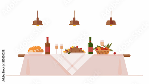 Festive table setting with bread wine roast and fruit under pendant lights in a bright room
