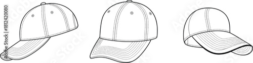 Detailed CAD drawing flat vector illustration of baseball caps in various angles showcasing stitching, contours, and classic headwear design elements