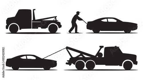 Set of tow truck and car silhouettes vector illustration of towing service isolated on white background