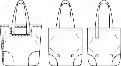 Tote bag technical flat sketch, detailed vector illustration showing front and back views, fashion accessory template for design and production use