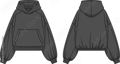 Oversized hoodie sweatshirt front and back, cad drawing flat vector illustration, technical fashion sketch garment template with hood and pocket