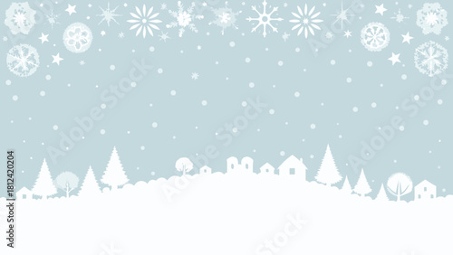 Winter scene with snowflakes falling over trees and houses in a snowy landscape background