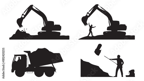 Construction site silhouette vector illustration featuring excavator dump truck and workers ideal for construction and engineering designs