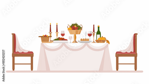 Illustration of a dining table set for a feast with chairs wine candles and food arranged beautifully