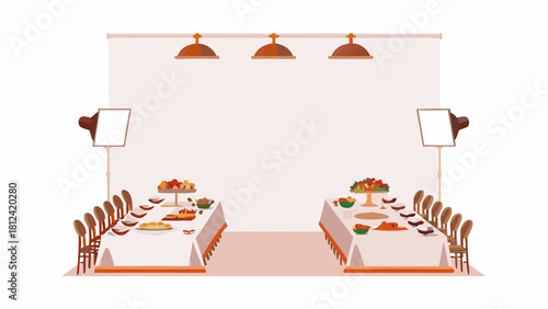 Illustration of a banquet hall setup with tables, chairs, lights and food displays ready