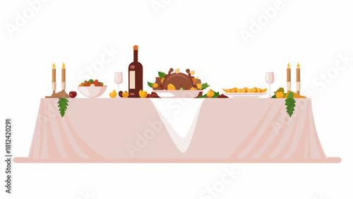 Festive table setting with turkey wine candles and fruit ready for a celebration dinner scene