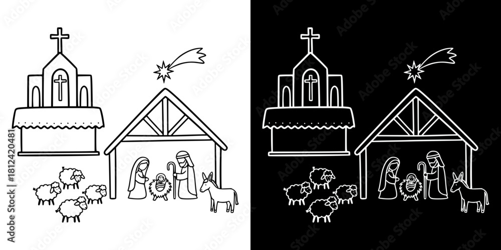 Fototapeta premium Nativity scene illustration with church, animals, and star, isolated vector image, two versions on transparent and black backgrounds, pencil drawing, chalk drawing 