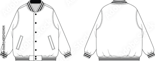Classic varsity jacket front and back technical fashion sketch, detailed garment template, apparel design mockup, professional clothing blueprint, cad drawing flat vector illustration