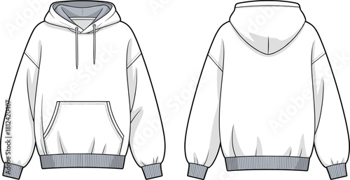 Cad drawing flat vector illustration of pullover hoodie front and back template, technical fashion sketch for apparel design, garment mockup presentation.
