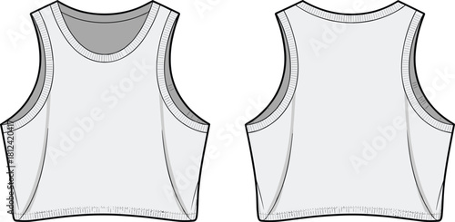 Cad drawing flat vector illustration of cropped tank top front and back template, technical fashion sketch for apparel design and garment presentation.