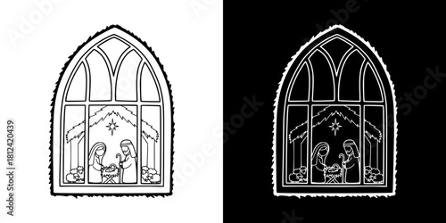 Church window depicting nativity scene in minimalist design, isolated vector image, two versions on transparent and black backgrounds, pencil drawing, chalk drawing
  