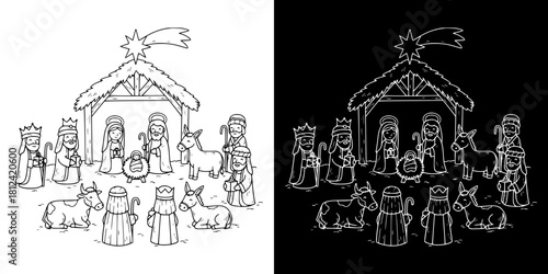 Nativity scene with figurines depicting Christmas celebration, isolated vector image, two versions on transparent and black backgrounds, pencil drawing, chalk drawing
  
