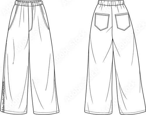 Wide leg pants technical fashion sketch, garment template front and back view, stylish trouser outline, cad drawing flat vector illustration