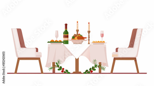 A romantic dinner setup with wine, candles, and food on a table with two chairs placed opposite each other
