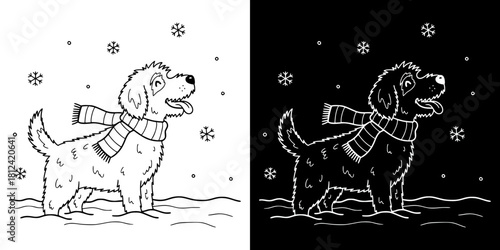 Dog playing in the snow wearing a scarf during winter season, isolated vector image, two versions on transparent and black backgrounds, pencil drawing, chalk drawing
 