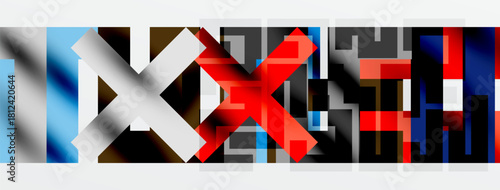 Abstract composition. Geometric shapes overlap, creating dynamic visual texture. Red, blue, gray dominate design. Minimalist aesthetic.