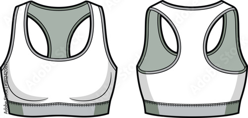 Sports bra front and back, cad drawing flat vector illustration, athletic apparel technical sketch for fashion design, racerback top template outline