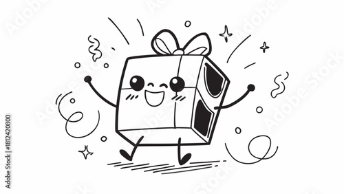 Cartoon gift box with a happy face and bow tie surrounded by confetti and stars in black and white style