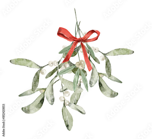 Watercolor Illustration of a bouquet of mistletoe decorated with a satin bow. Cozy winter design. Hand painted element for invitation, social media and posters.