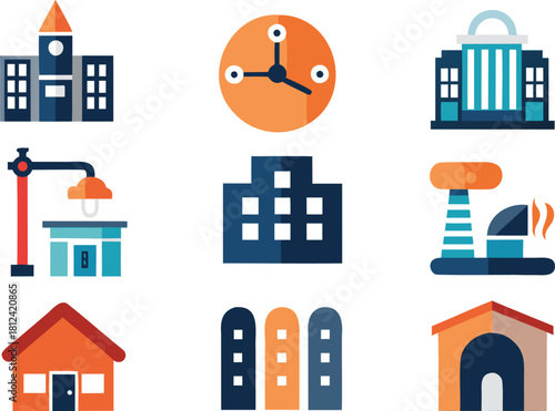 Assortment of flat design building and clock icons Keywords: building, house, clock, tower