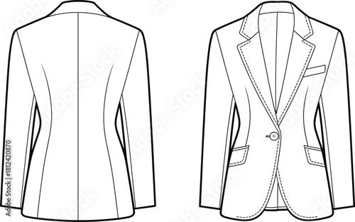 Women’s tailored blazer technical flat, front and back garment template with lapel details and pocket design, stylish jacket outline, cad drawing flat vector illustration