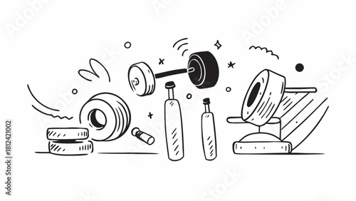 Illustration of gym equipment including barbell weights bottles and a weightlifting bench press