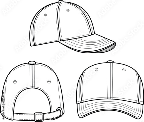 Detailed baseball cap technical drawing showing front, back, and side views with stitching lines for apparel design, cad drawing flat vector illustration