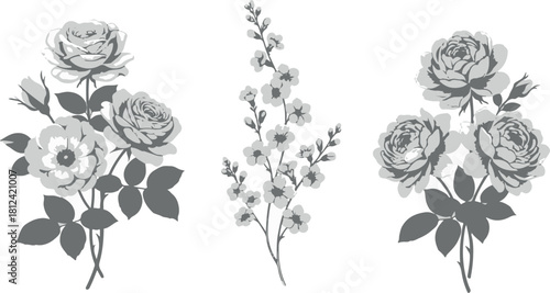 Floral Bouquet Set of Roses and Other Flowers in Gray Scale | Elegant Botanical Illustration for Wedding Invitations, Greeting Cards, and Floral Design Projects