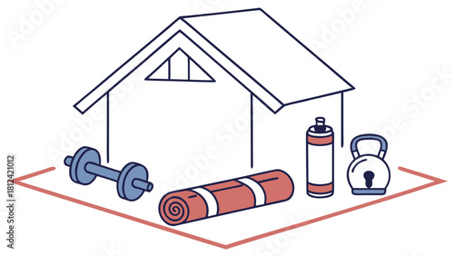 Indoor gym setup with dumbbell, yoga mat, water bottle, and kettlebell on a red outlined surface